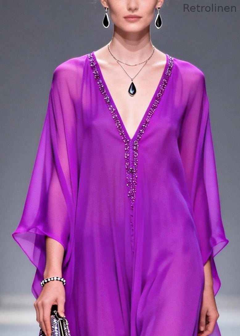 Purple V Neck Zircon Draping Chiffon Dresses Summer