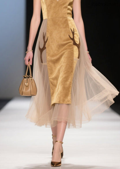 V Neck Tulle Patchwork Velvet Dress Sleeveless