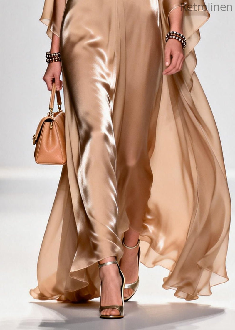Khaki Bow Exra Large Hem Draping Chiffon Maxi Dresses Summer