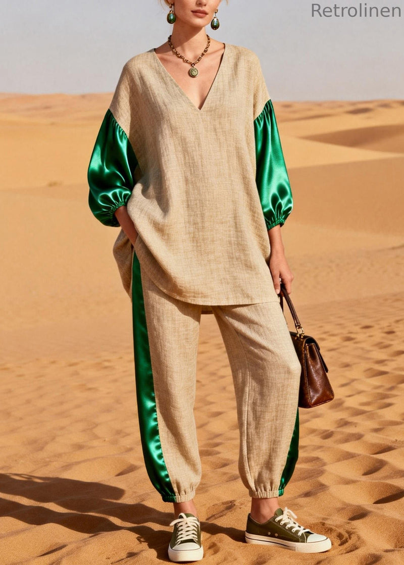 Loose Colorblock Silk Patchwork Linen Two Pieces Set Spring