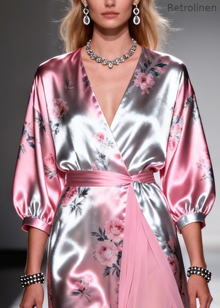 Natural Pink Print Tulle Patchwork Silk Long Dresses Summer