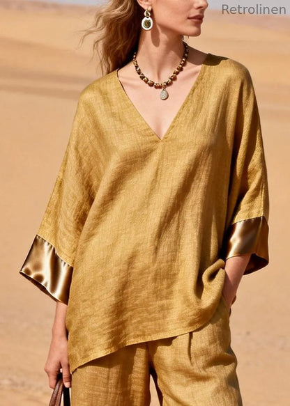 Art Yellow Oversized Patchwork Linen Two Pieces Set Spring