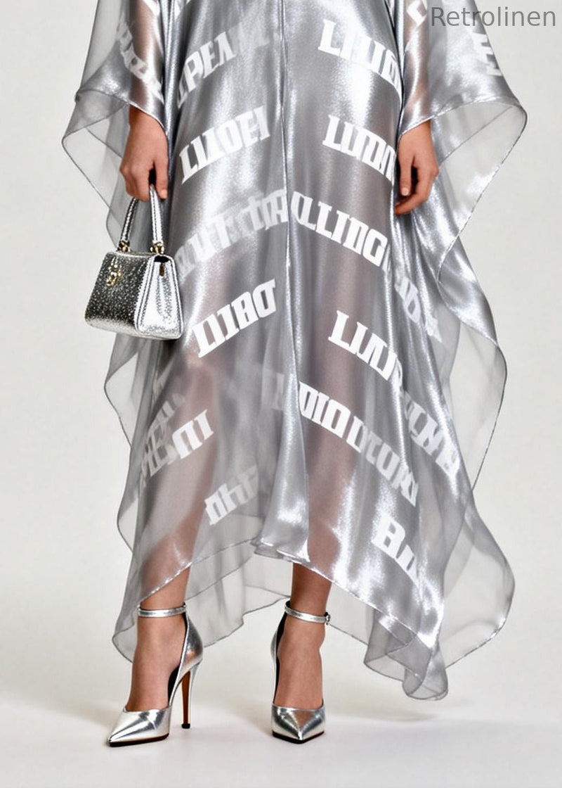 Diy Silvery Oversized Letter Print Chiffon Maxi Dress Summer