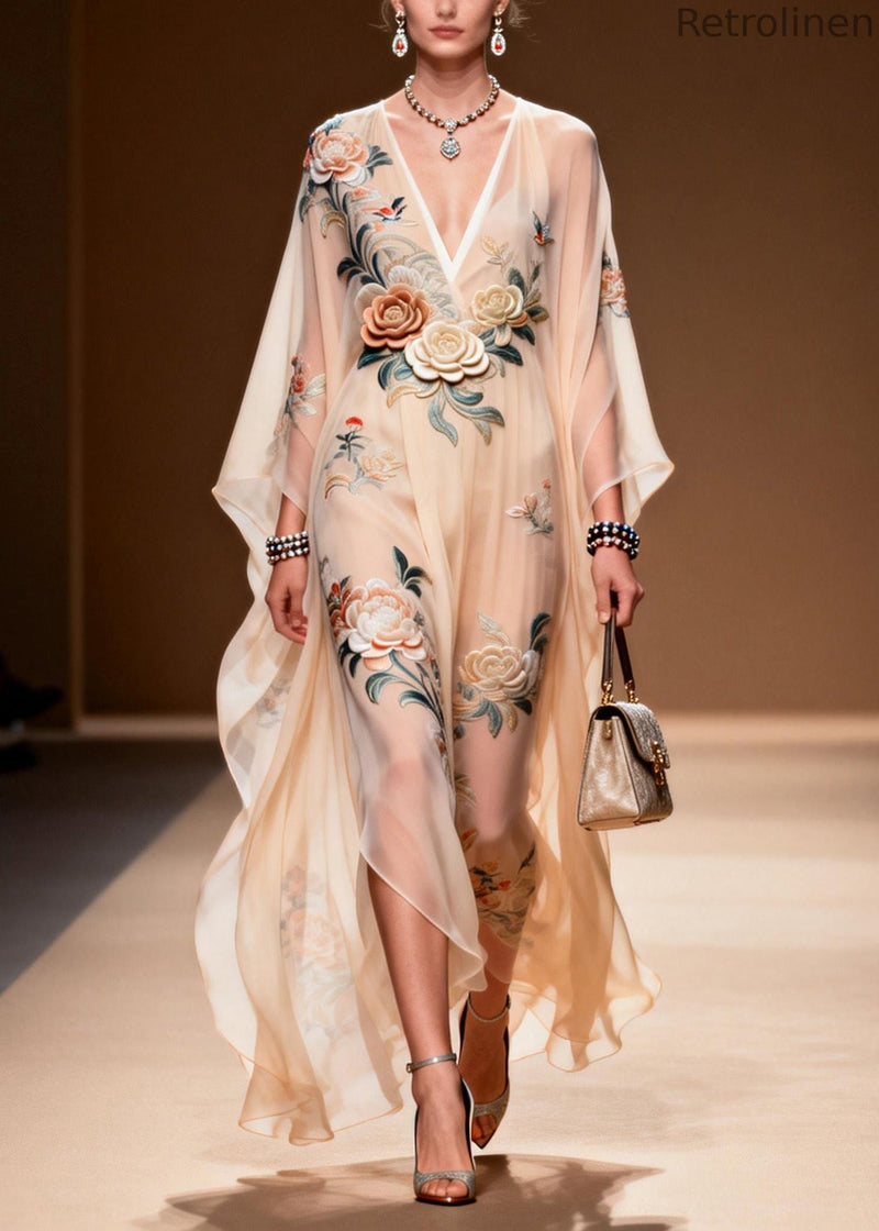 V Neck Print Wrinkled Chiffon Maxi Dresses Spring