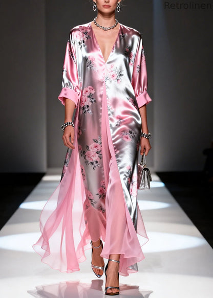Italian Pink Print Patchwork Silk Fake Two Piece Dress Summer