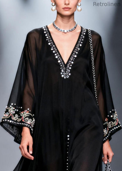 Black Oversized Fine Pearl Chiffon Party Dress Summer