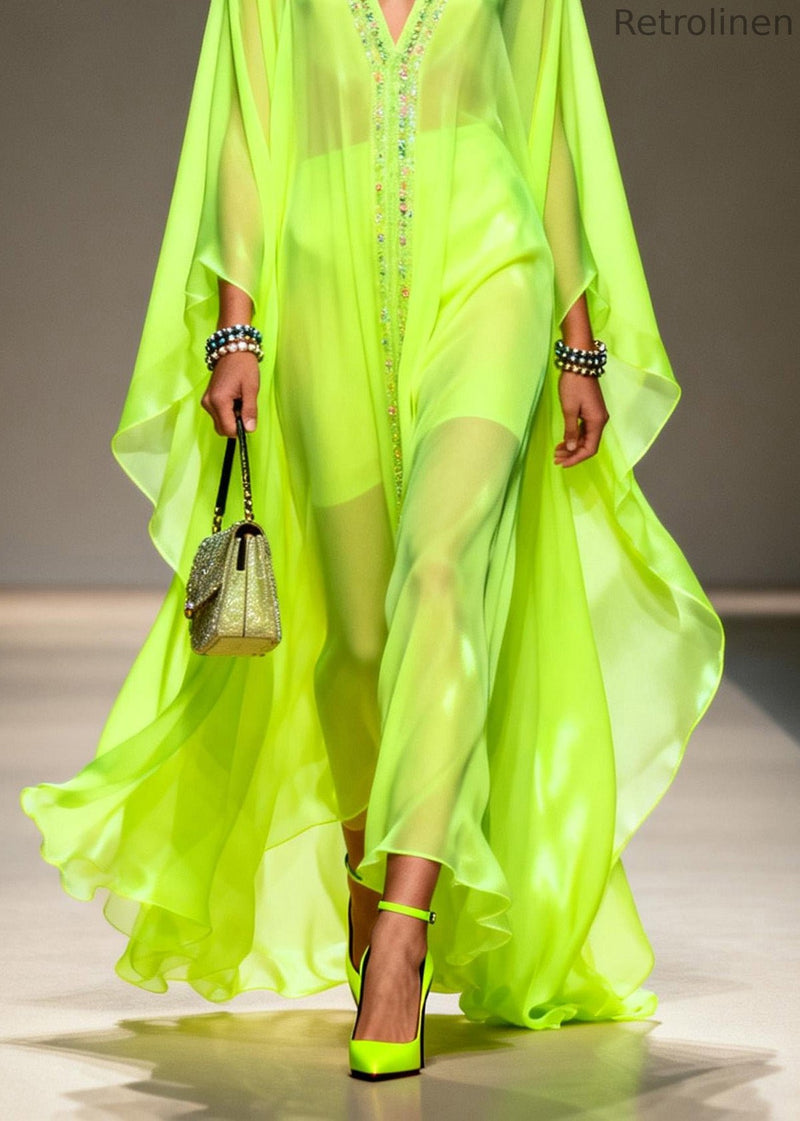 Fluorescent Green V Neck Zircon Chiffon Robe Dresses Summer