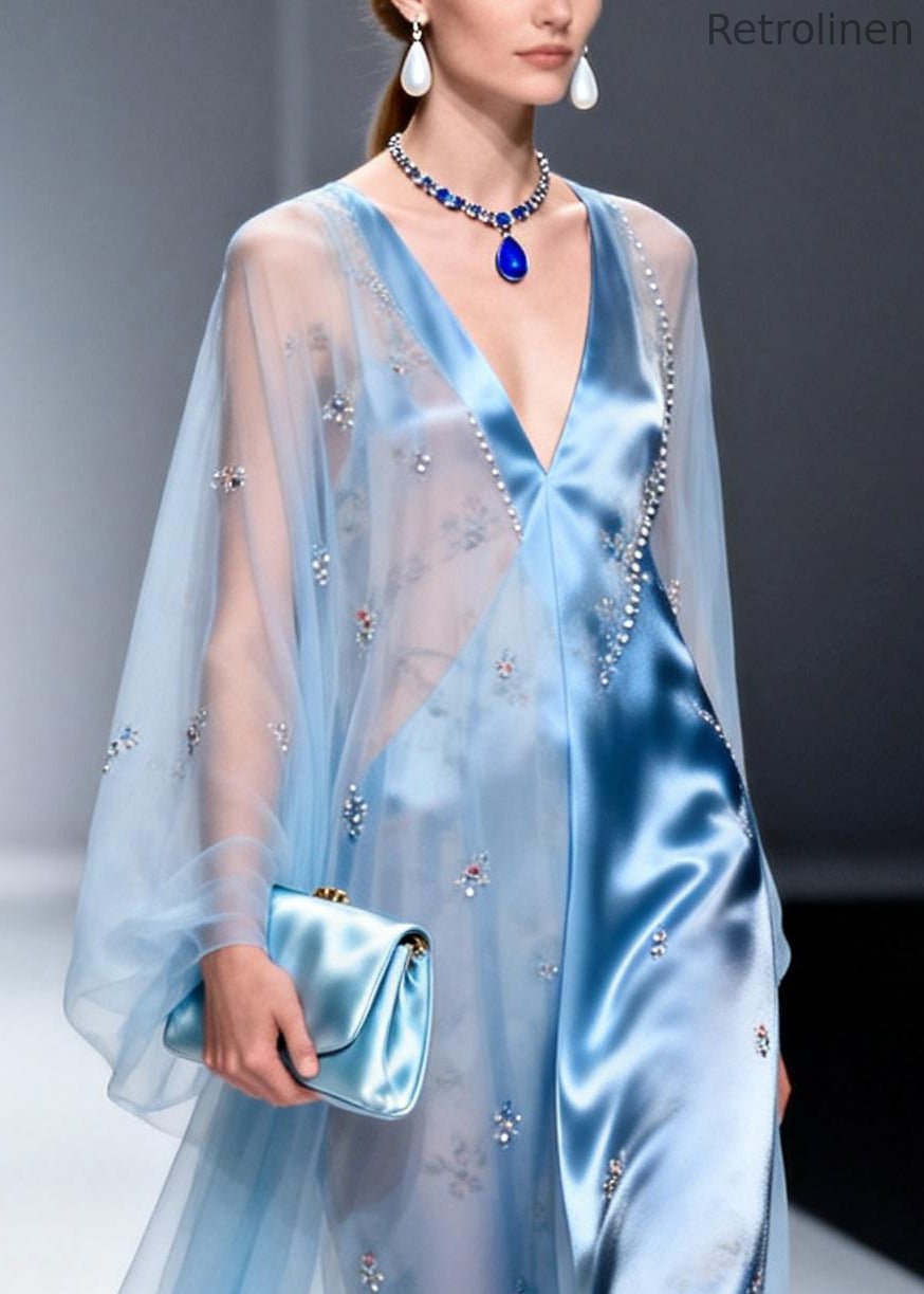 Sky Blue Patchwork Chiffon Party Dress Handmade Zircon Summer
