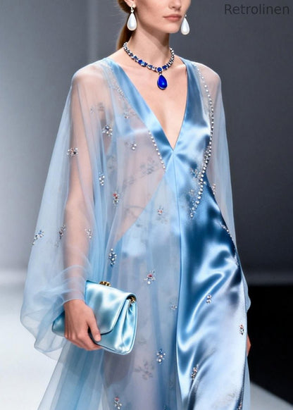 Sky Blue Patchwork Chiffon Party Dress Handmade Zircon Summer