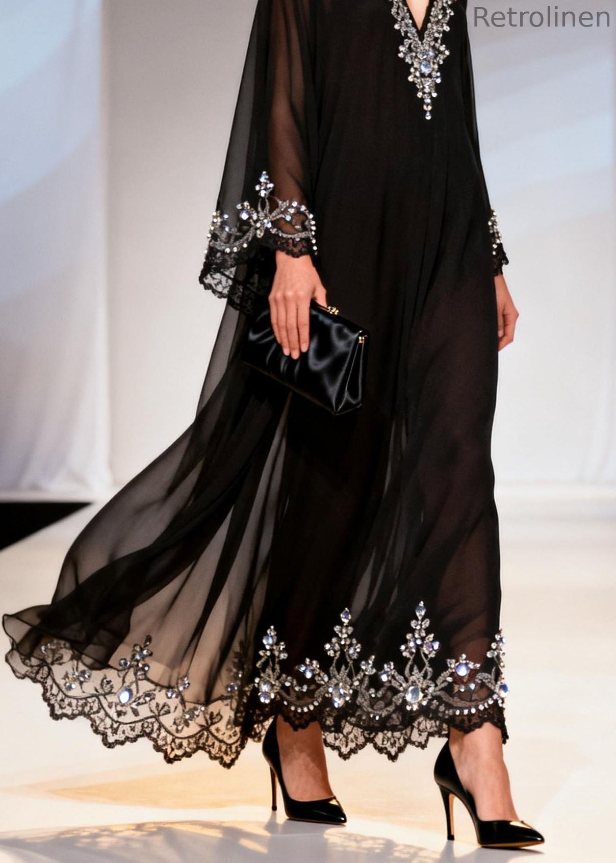Black V Neck Zircon Patchwork Chiffon Dress Spring