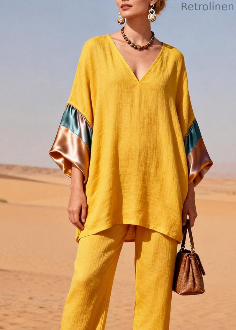Yellow V Neck Silk Patchwork Linen Two Piece Set Summer