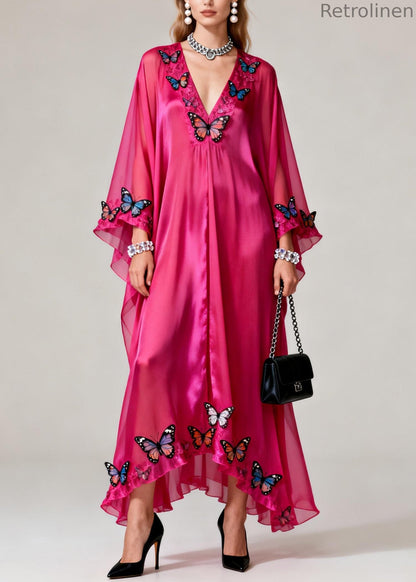Rose V Neck Butterfly Silk Maxi Dresses Spring