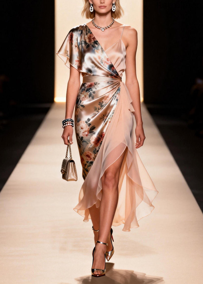 Asymmetrical Design Print Patchwork Silk Dress Summer
