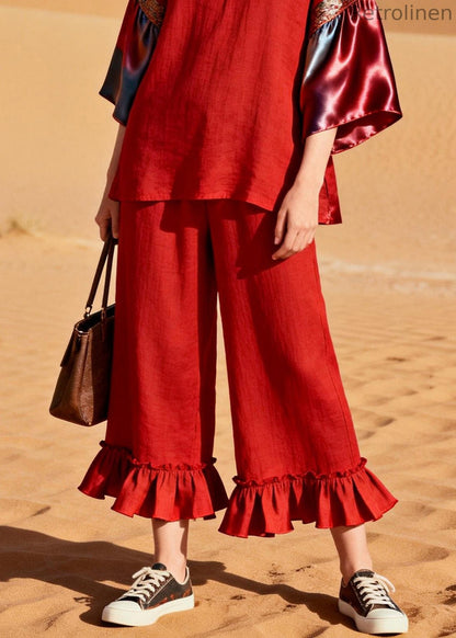 Unique Red Ruffled Patchwork Linen Silk Two Piece Set Outfits Summer
