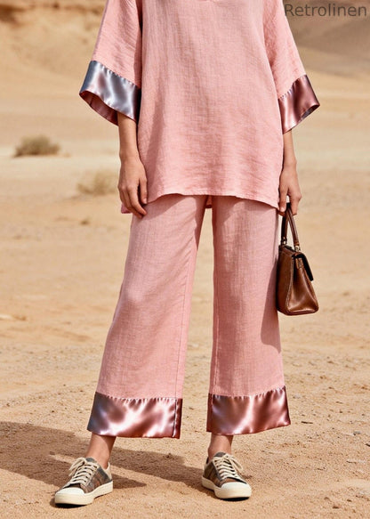 Pink V Neck Patchwork Linen Silk Two Piece Set Summer