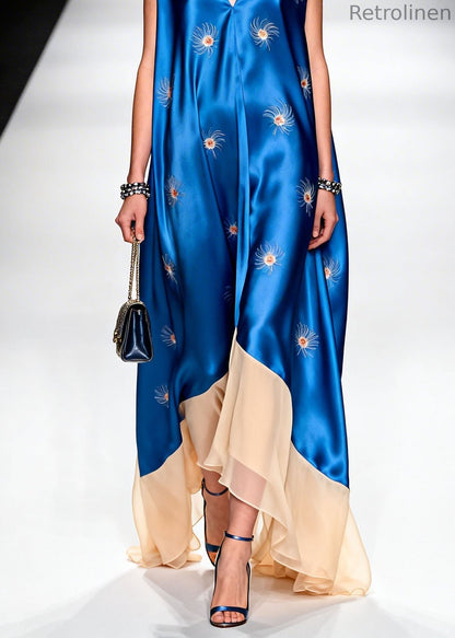 V Neck Print Patchwork Silk Long Dresses Summer