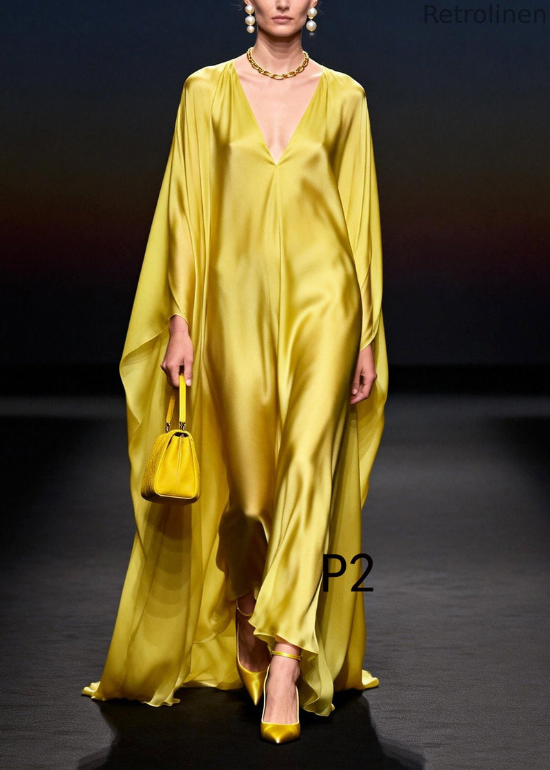 Yellow Oversized Chiffon Vacation Dresses Batwing Sleeve