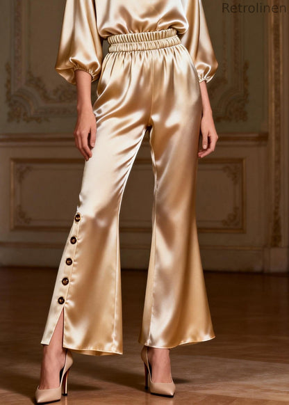 Italian V Neck Button Elastic Waist Silk Two Pieces Set Bracelet Sleeve